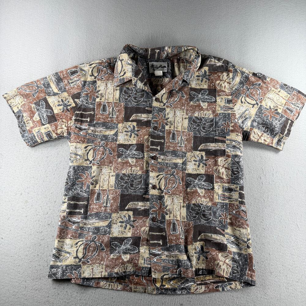 Vintage Home Made in Hawaii Aloha Shirt Mens Brown Turtle Tiki Patchwork